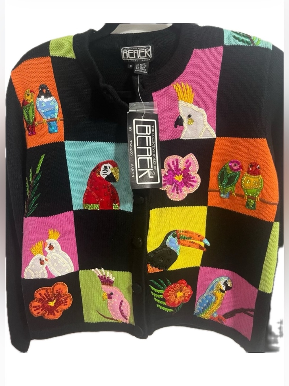 BEREK Vintage Parrot cockatoo Toucan Macaw Hibiscus Beads & Sequin sweater NWT